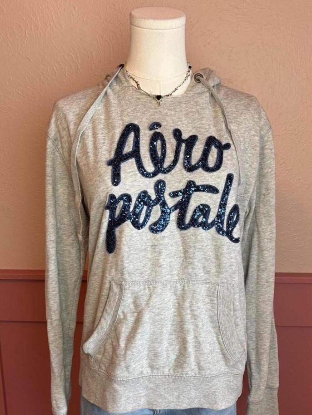 aeropostale sequin hoodie vintage 2000s grey blue sz medium y2k